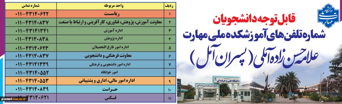 شماره تلفن های دانشکده